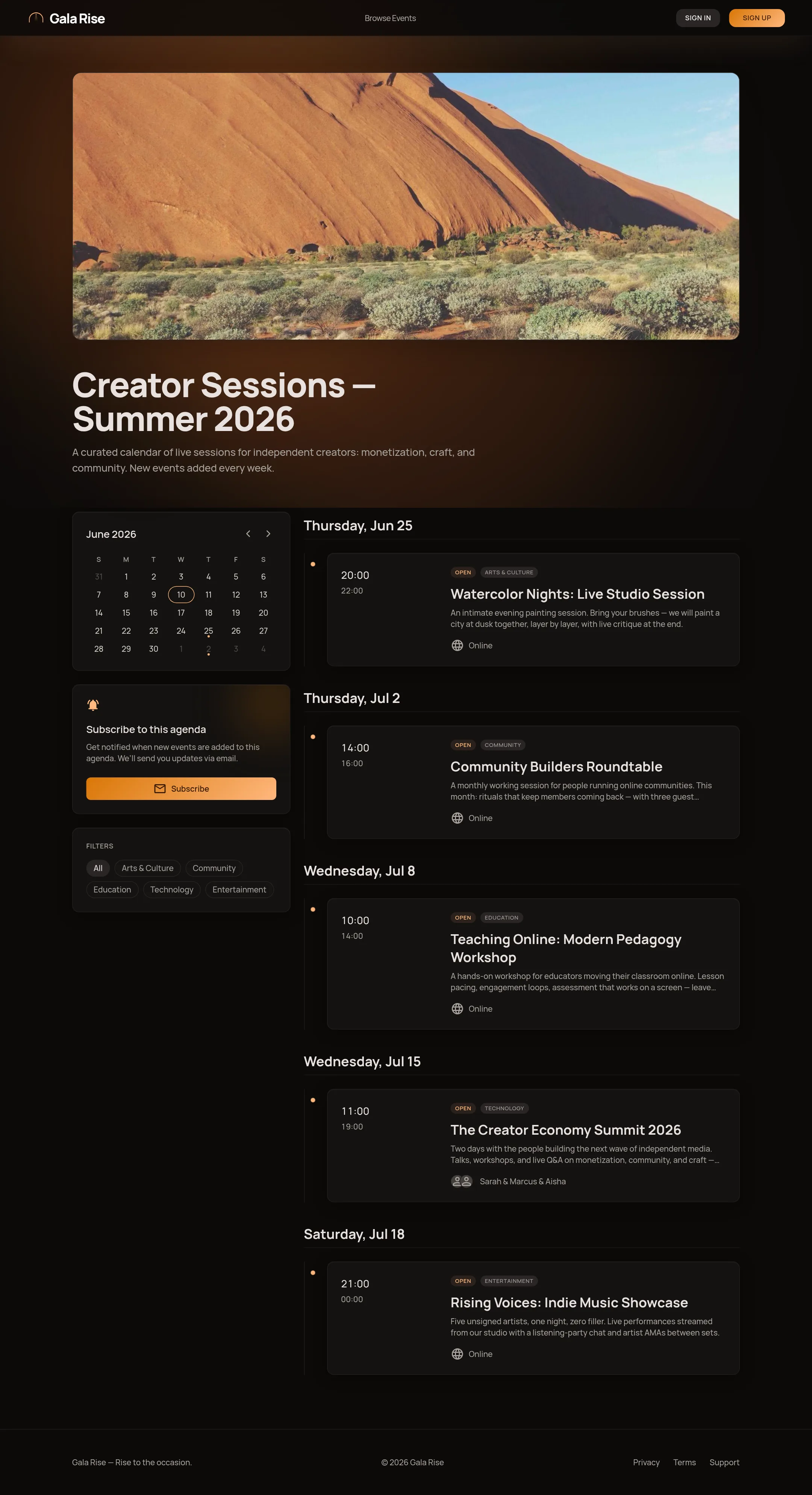 Public agenda with subscribe panel and upcoming events