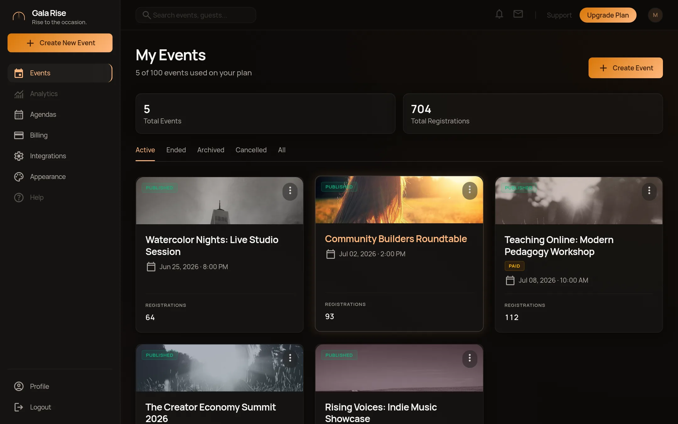 Gala Rise My Events page with five published events