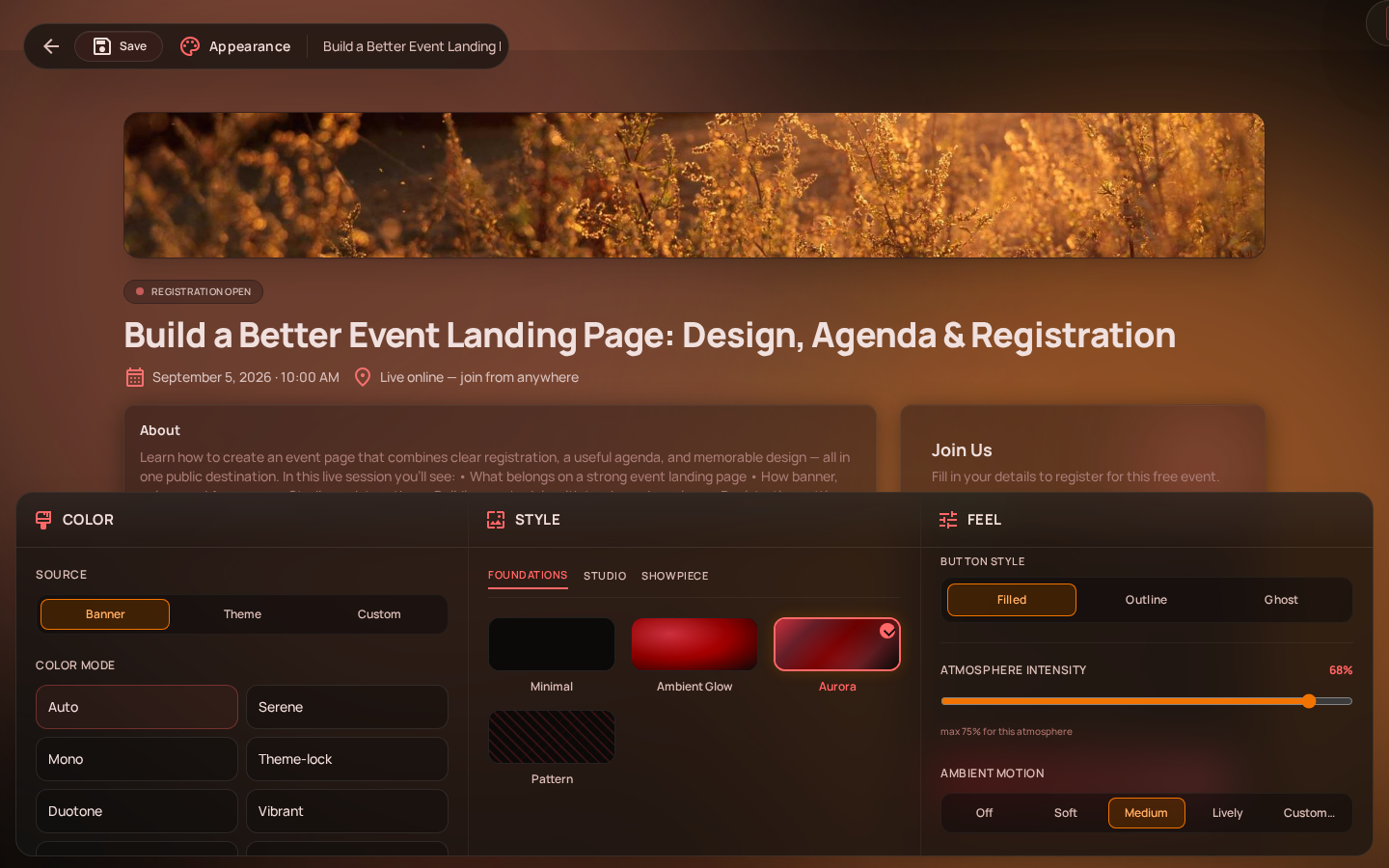 Gala Rise Appearance Studio with atmosphere, color, and feel controls and a live preview of the public event page