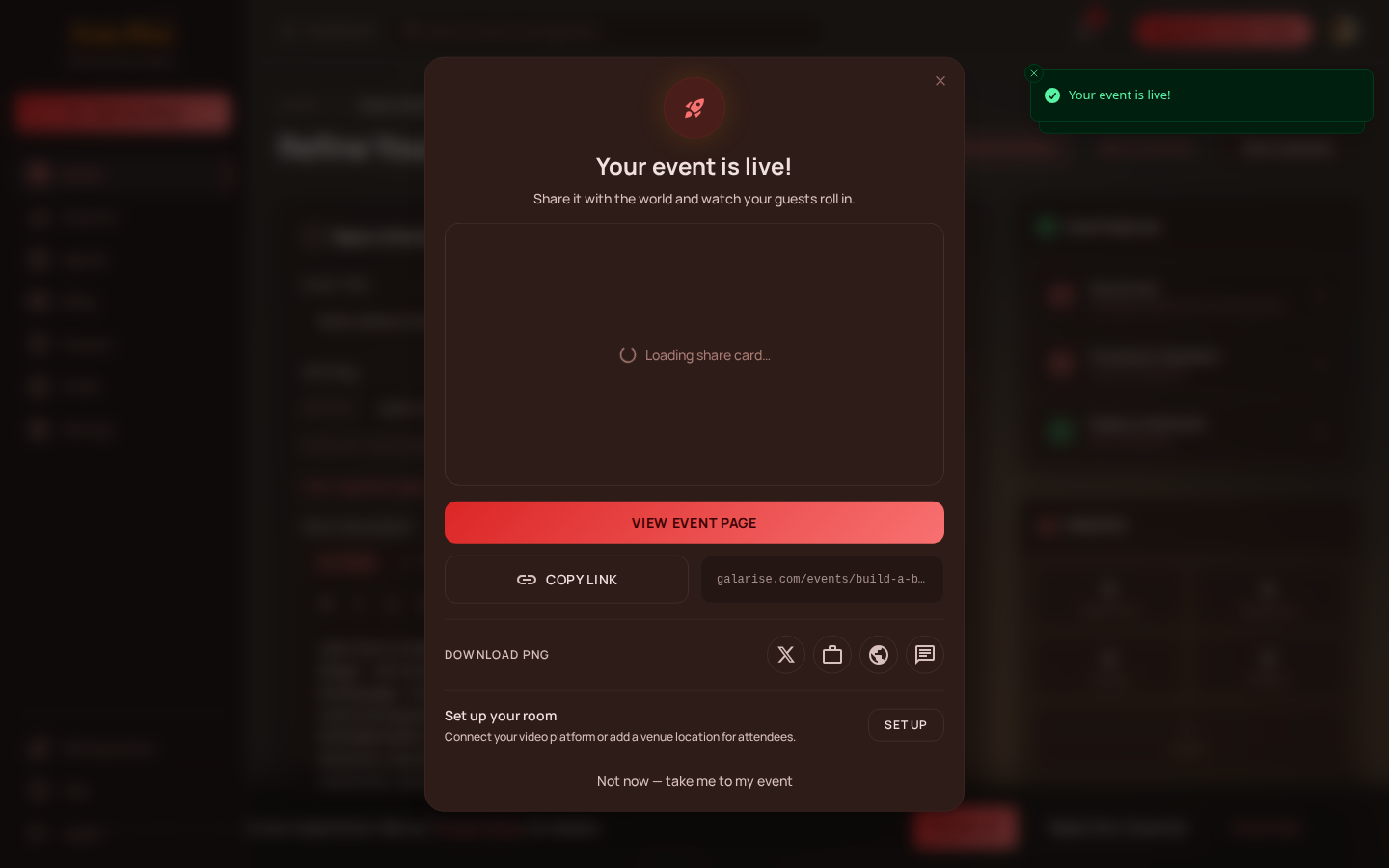 Gala Rise celebration screen after publishing an event with share card, public URL, and share options
