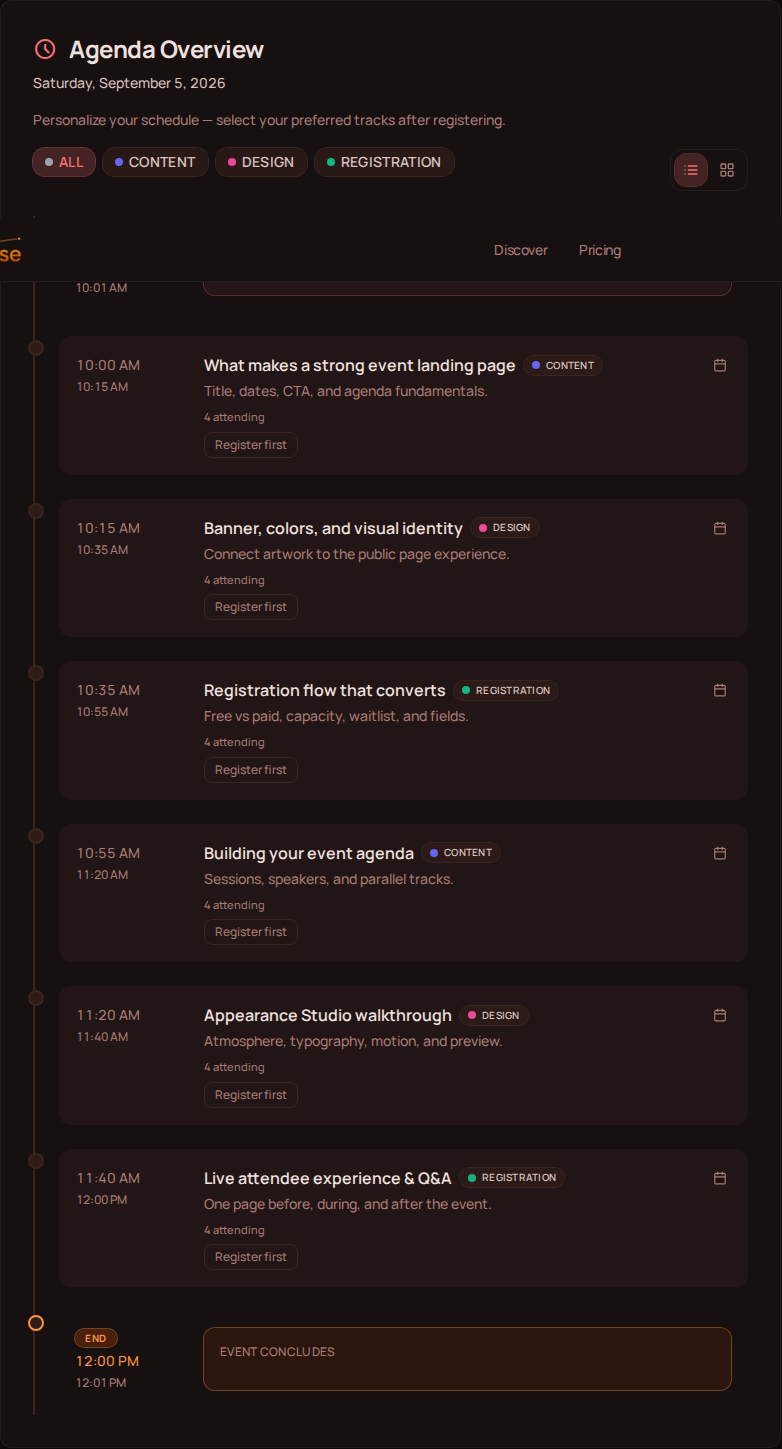 Public Gala Rise event page schedule with Content, Design, and Registration tracks and session times