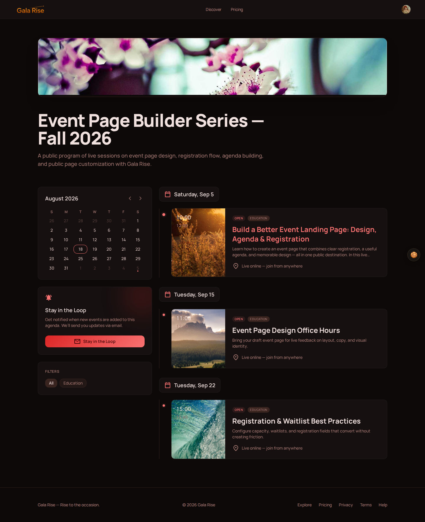 Gala Rise public agenda page listing multiple events in a calendar and timeline for an event page builder series