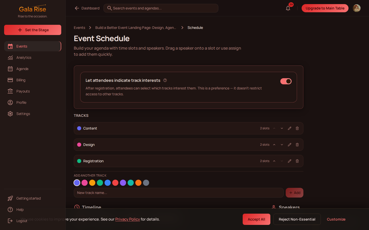 Gala Rise schedule editor in the dashboard showing event sessions organized by track