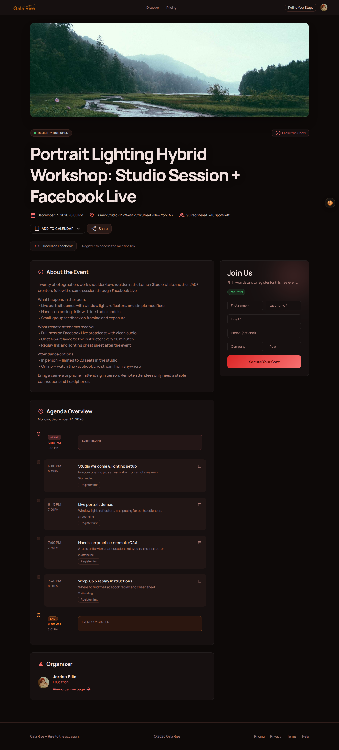 Full Gala Rise hybrid event page showing venue address, registration form, agenda, and Hosted on Facebook for remote attendees