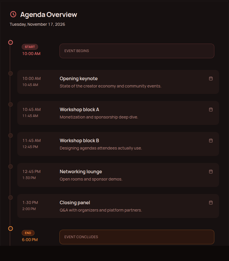 Gala Rise online conference session schedule on an event page