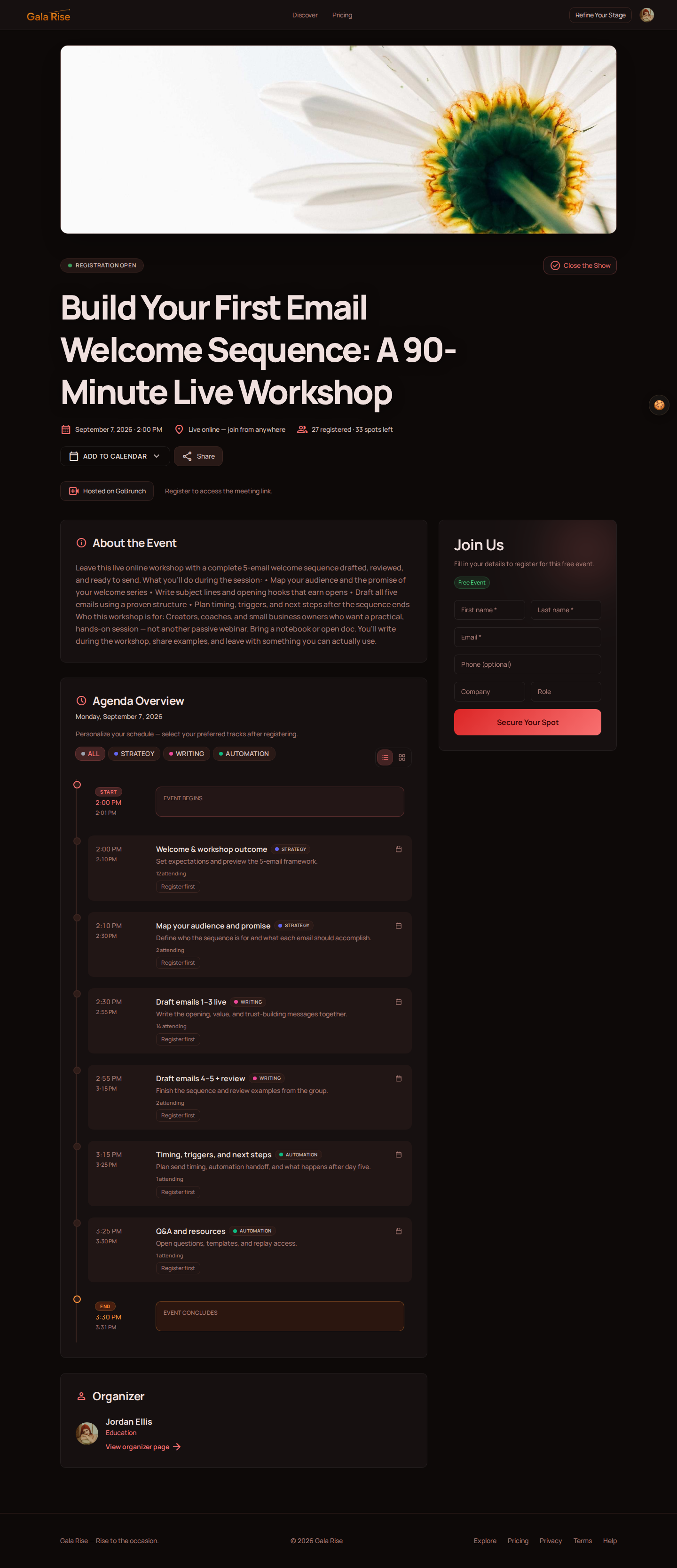 Public Gala Rise page for a live email marketing workshop with event details, a multi-track agenda, session RSVPs, registration form, and GoBrunch virtual room