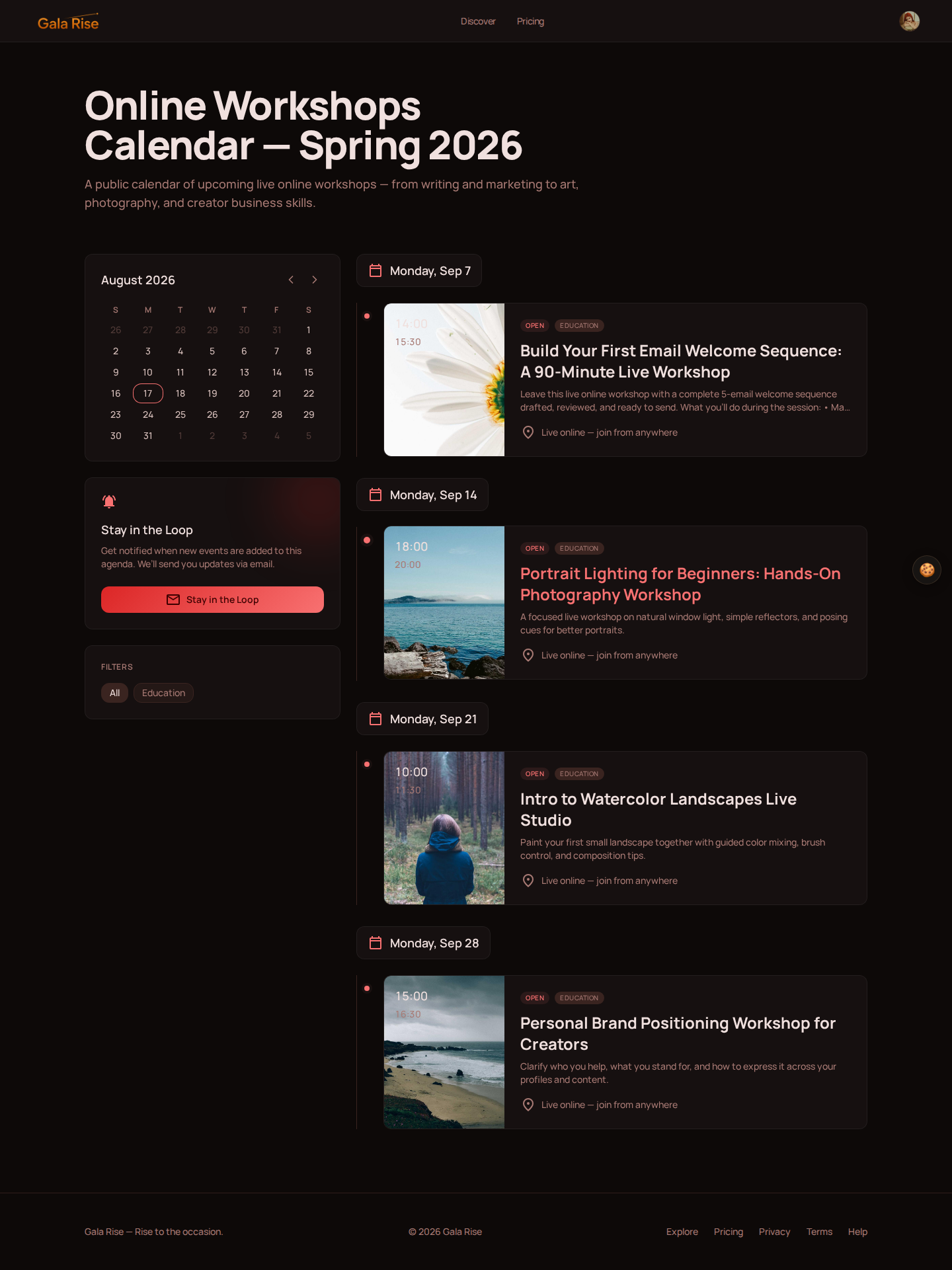 Gala Rise public agenda listing several upcoming online workshops including email marketing, photography, watercolor, and personal branding