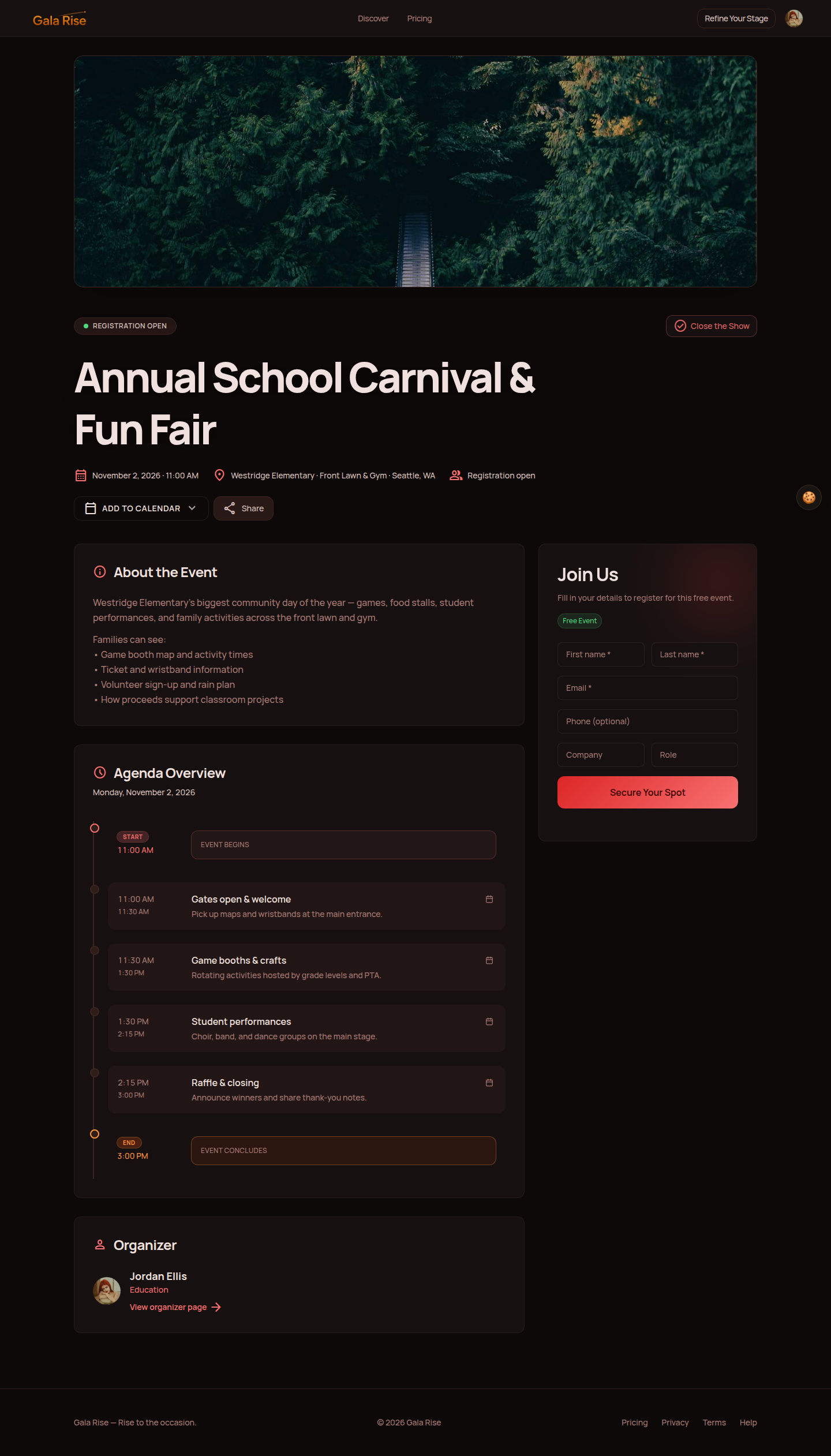Gala Rise public page for an annual school carnival with schedule and location details