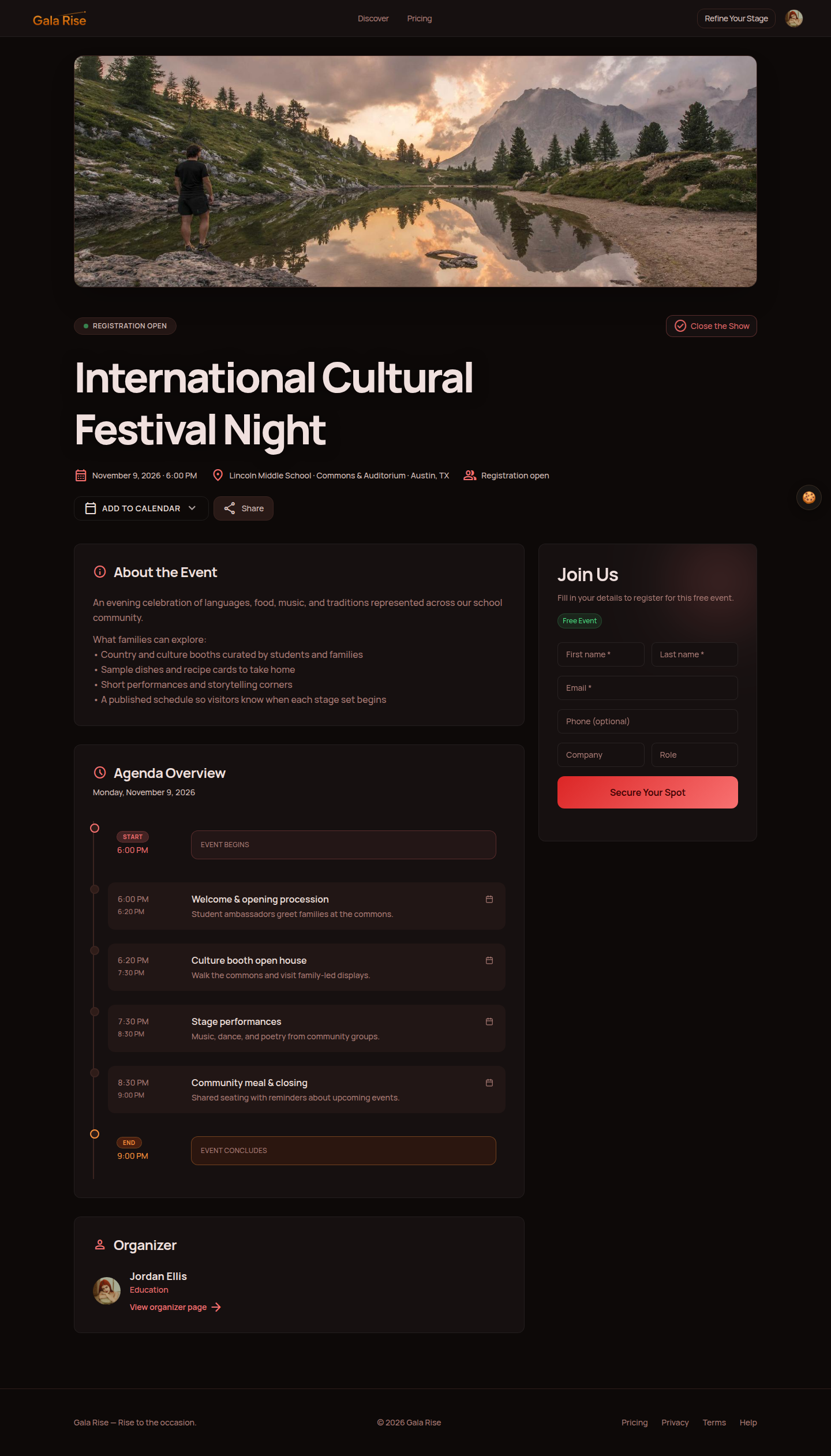 Gala Rise event page for an international school cultural festival with performance schedule