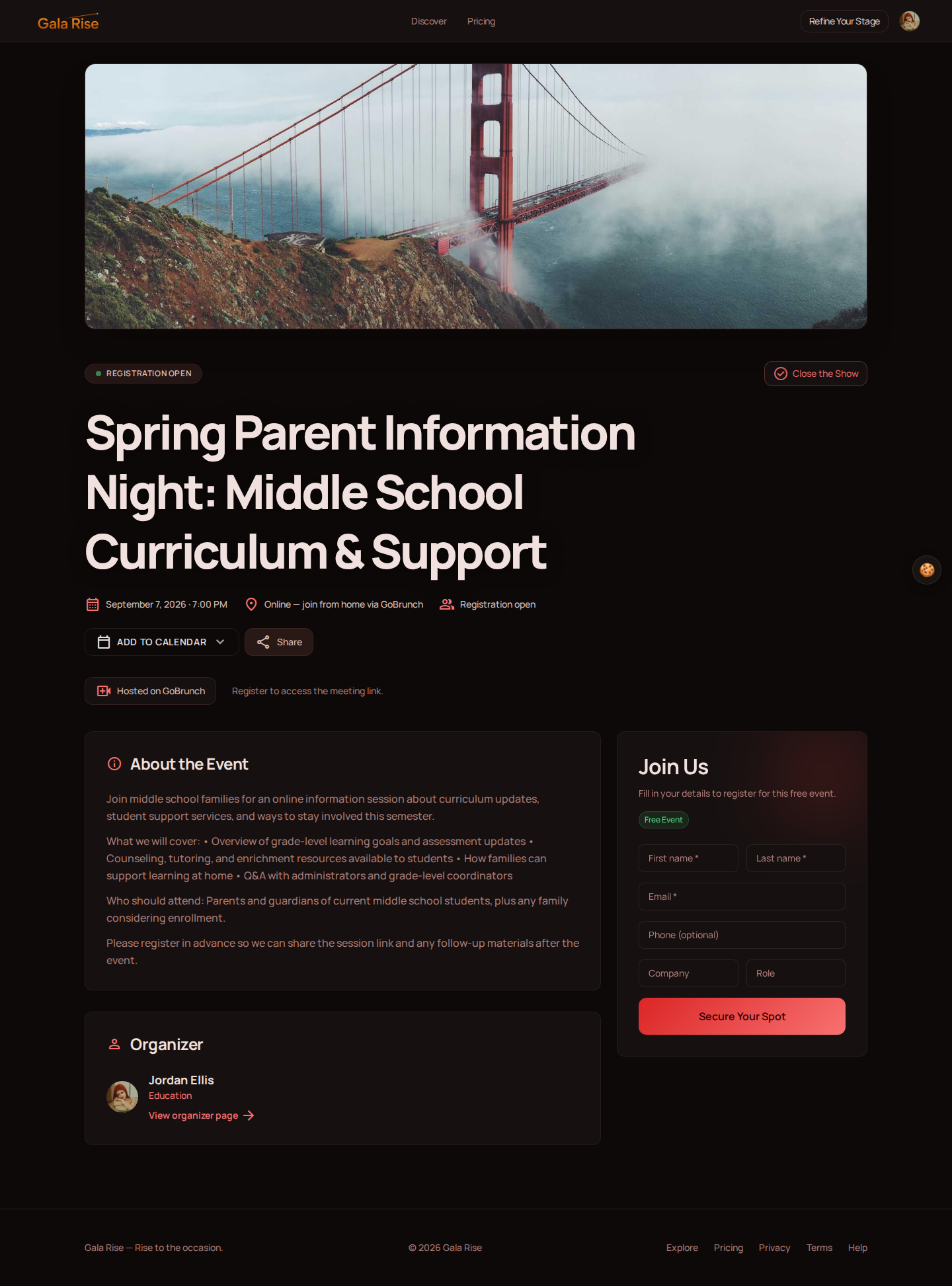 Gala Rise public page for a middle school parent information night with registration details and a GoBrunch virtual room for the live session