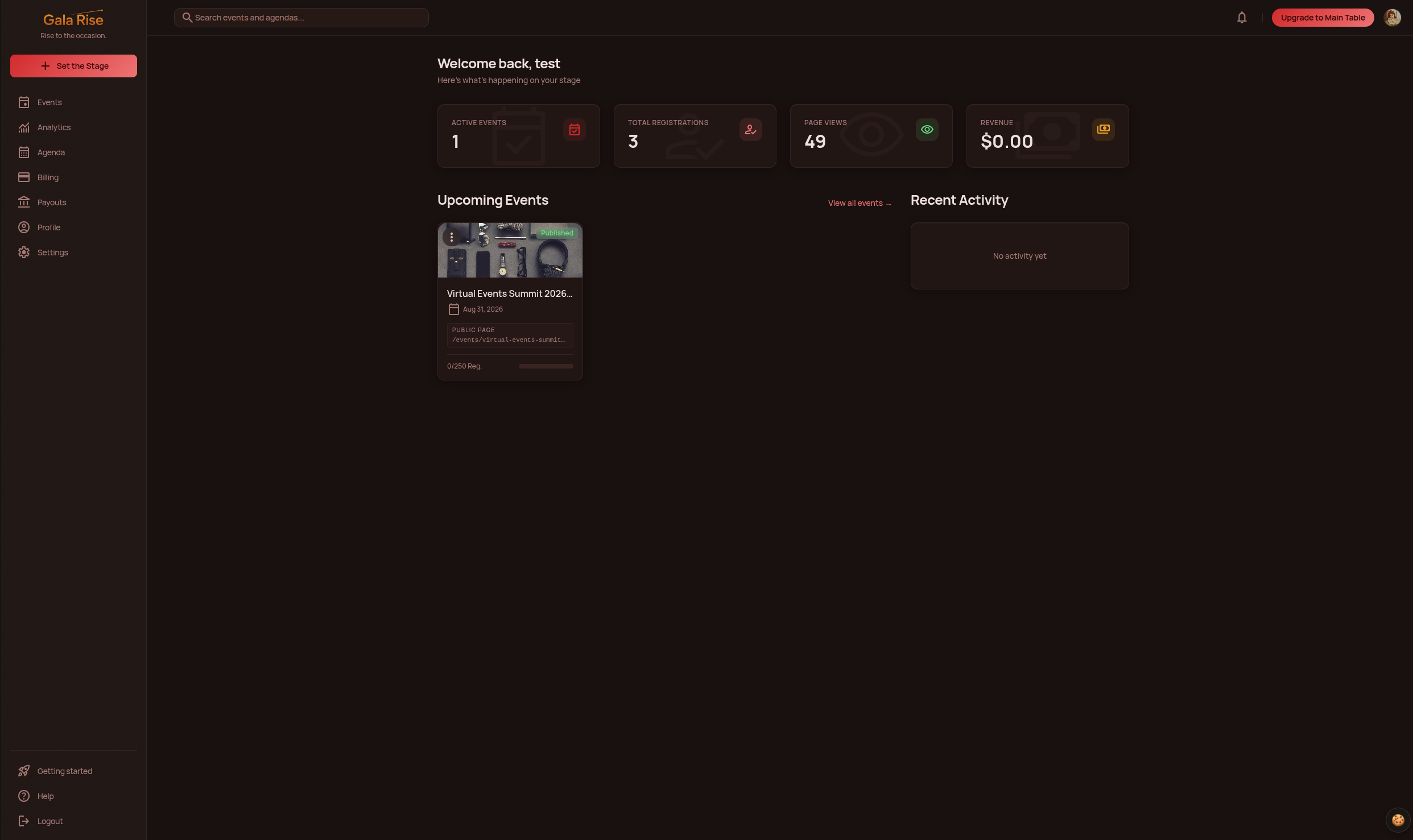 Gala Rise organizer dashboard showing an event, registrations, page views, revenue, and recent activity