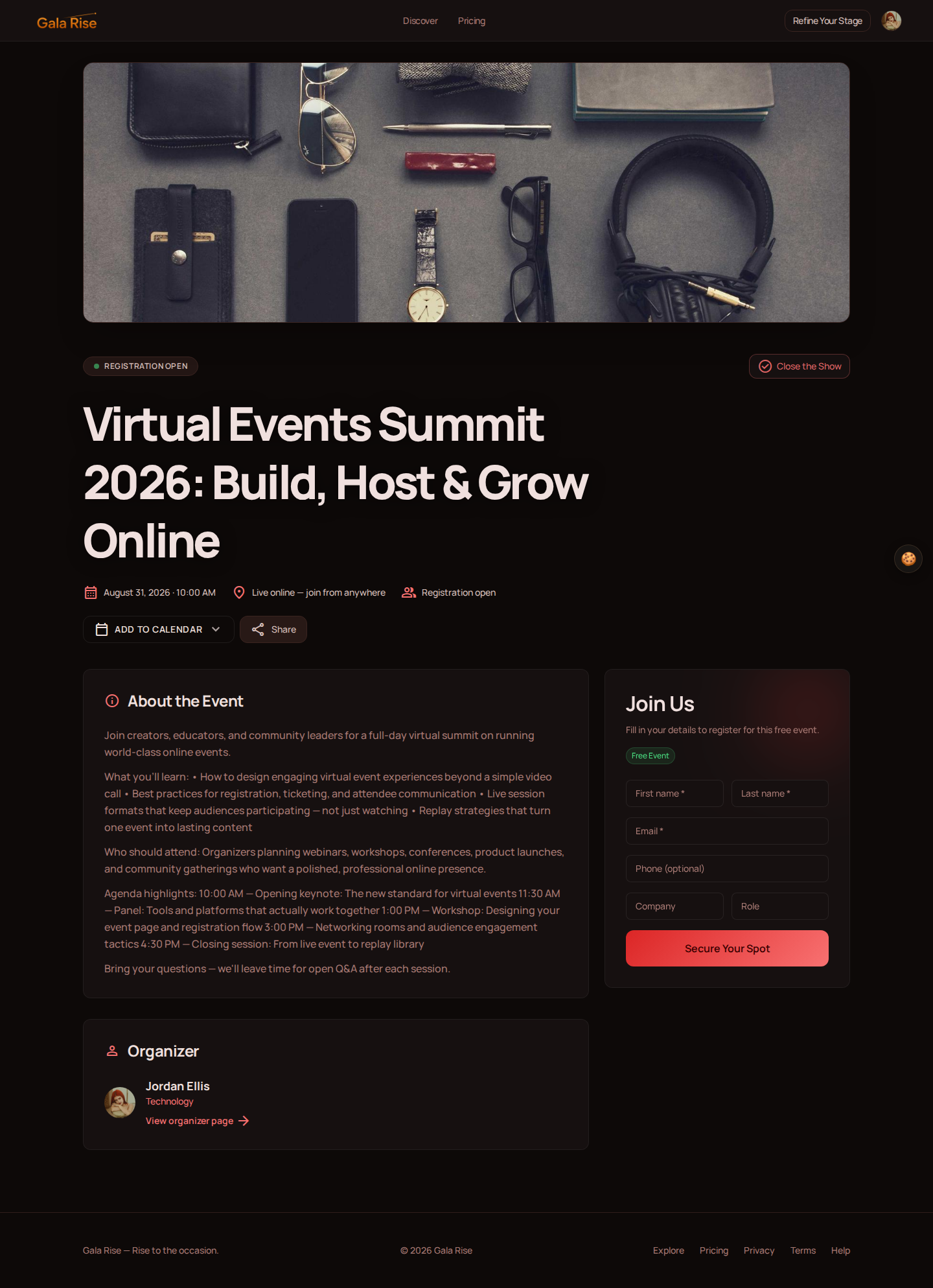 Gala Rise virtual event registration page