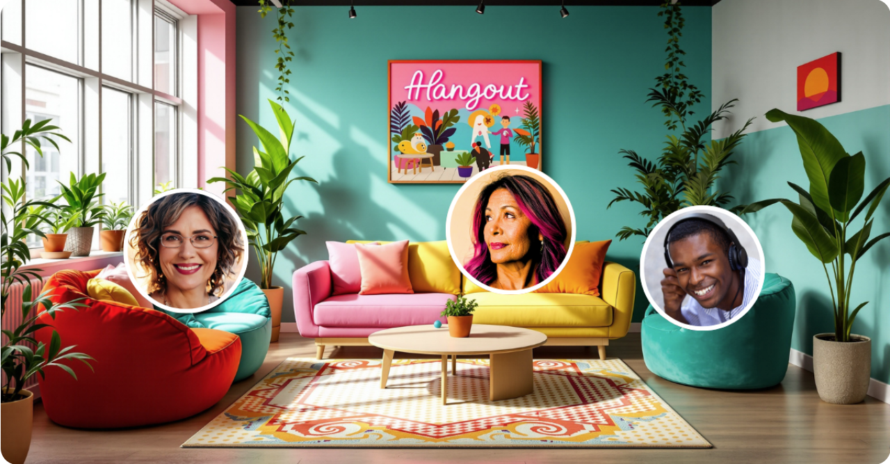 GoBrunch visual virtual room with participants placed around an illustrated lounge