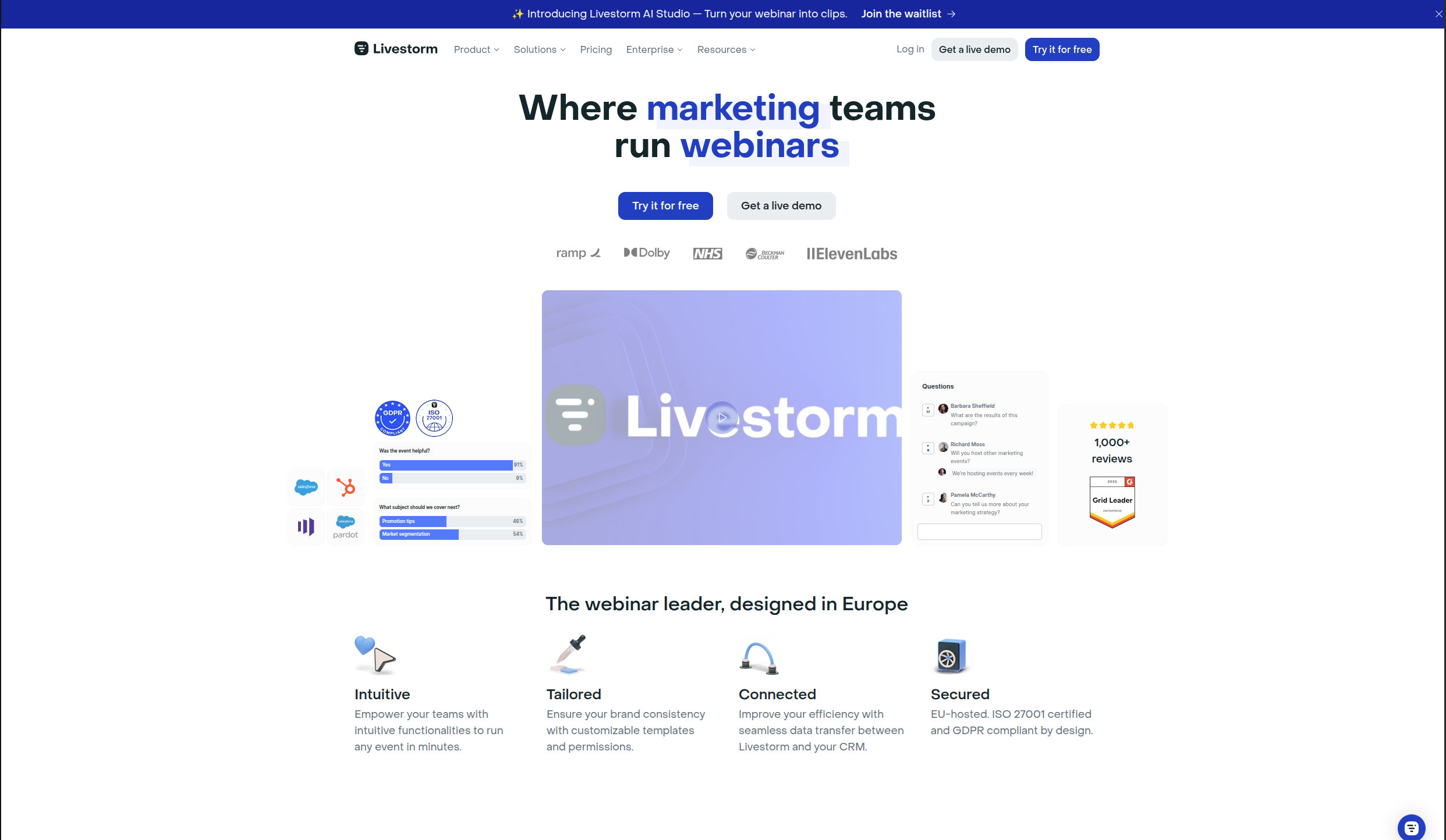 Livestorm website showing a webinar interface, questions, polls, and integrations