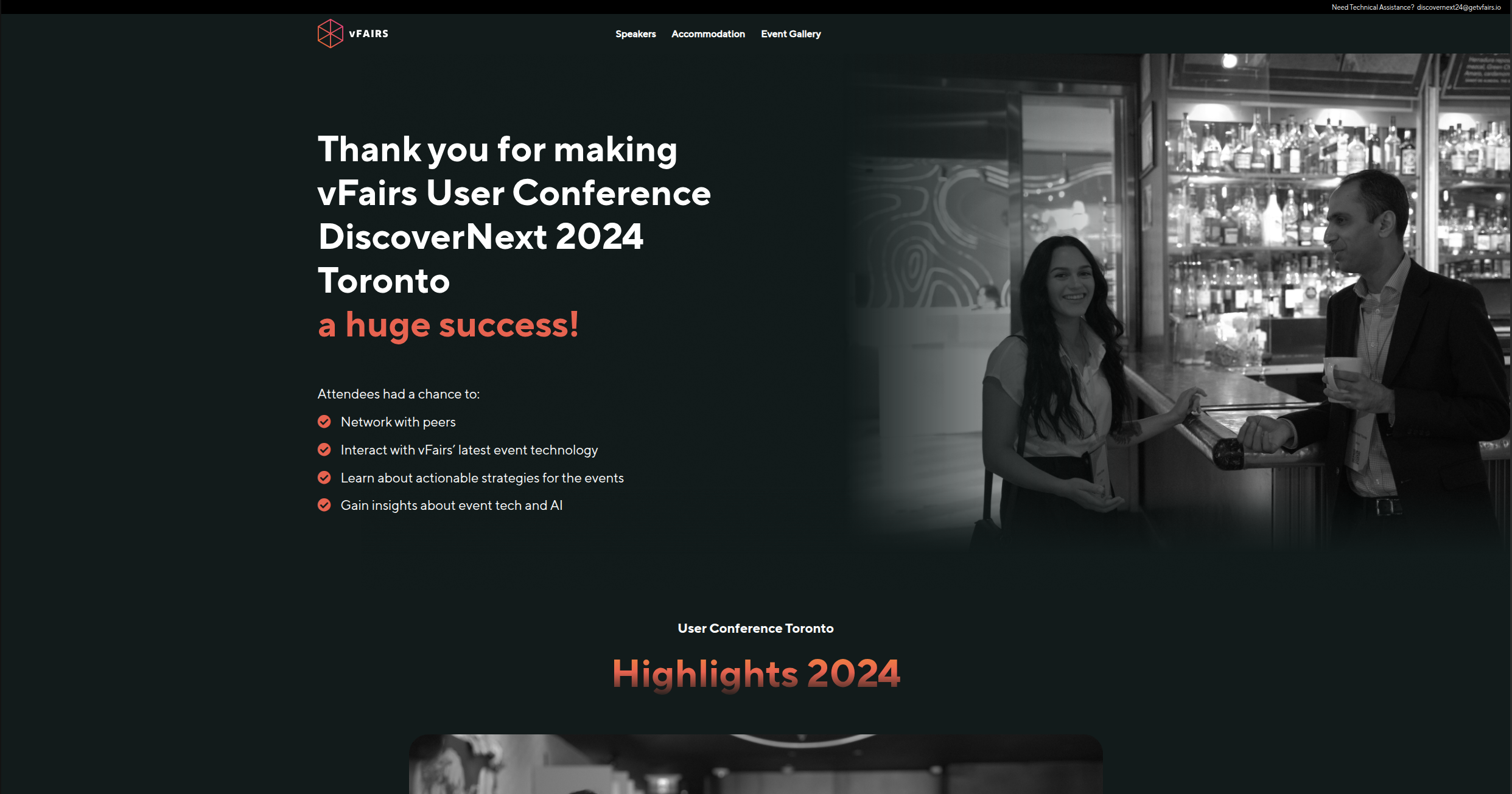 vFairs event page for a user conference with event information and highlights