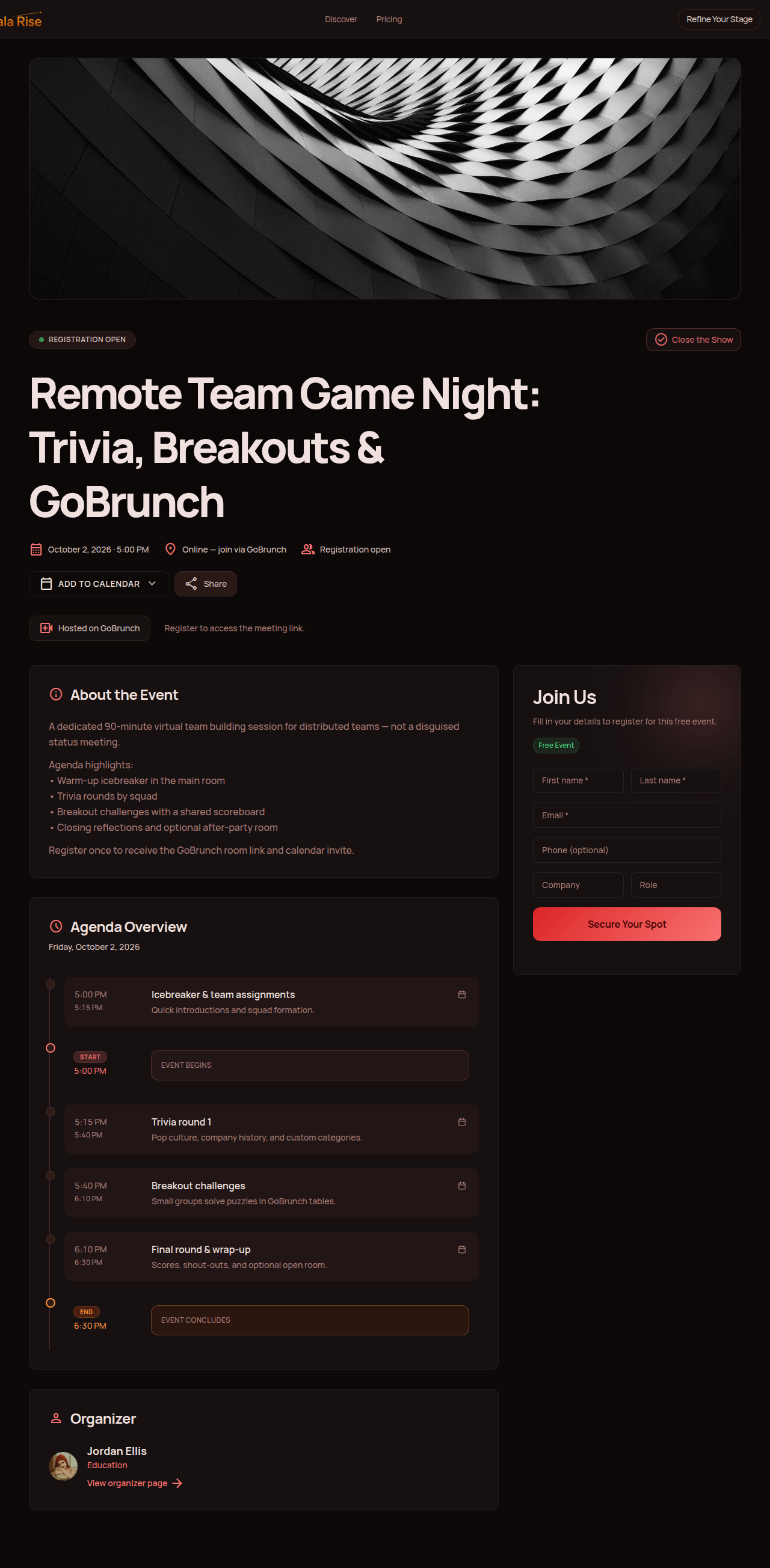 Gala Rise remote team game night event page with GoBrunch