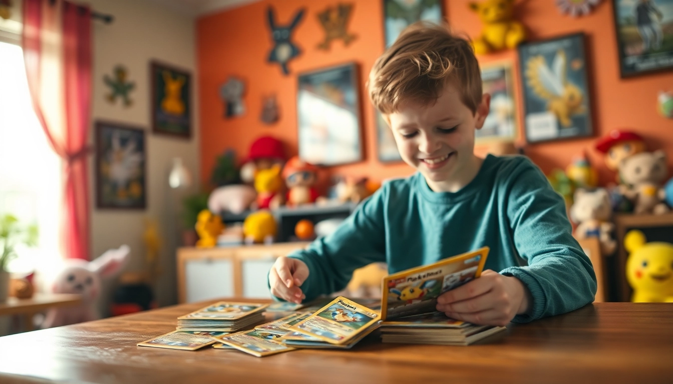 Inspecting authentic Real pokemon cards with excitement on a table filled with collectibles.