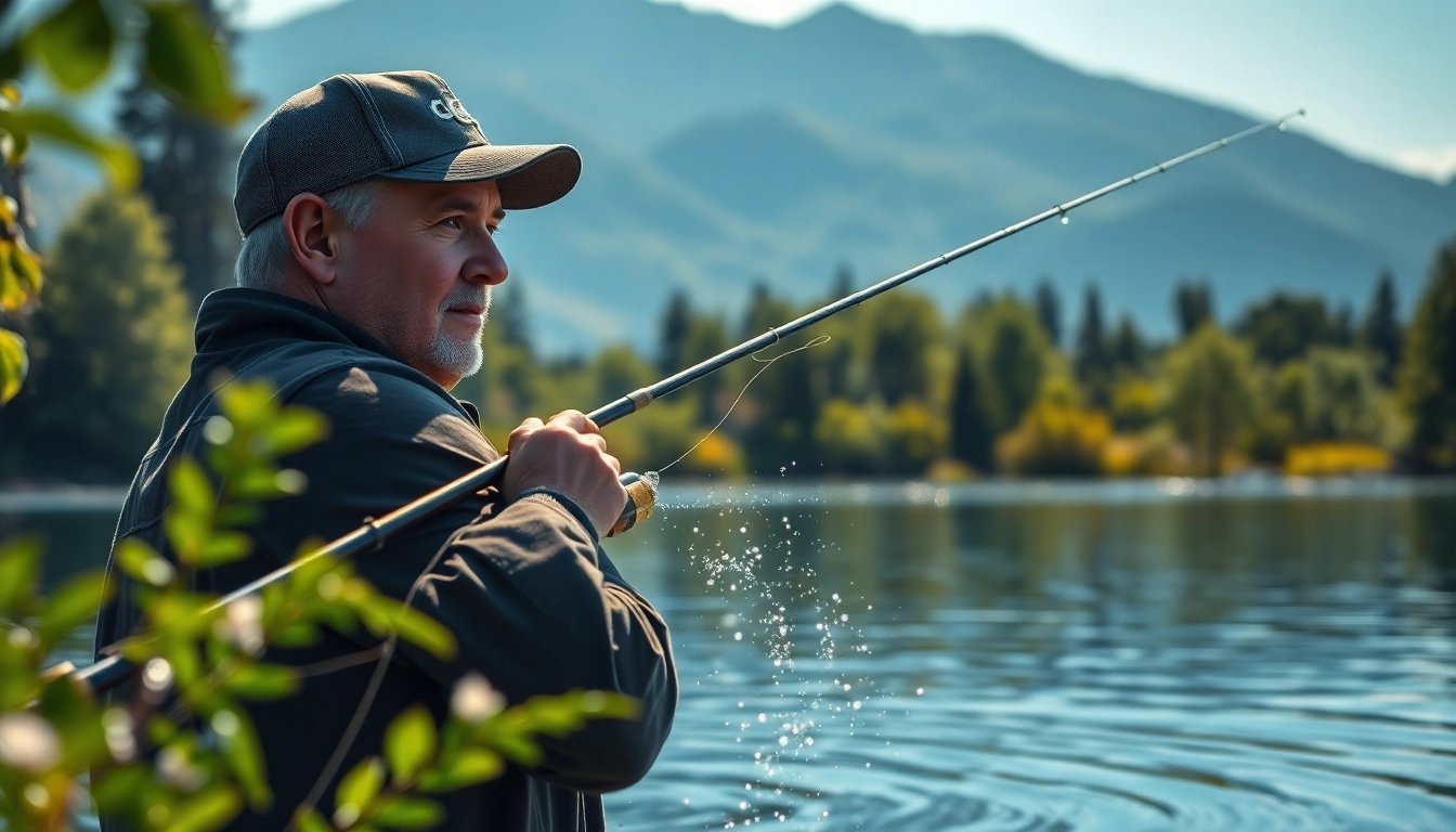 Angler fly fishing for bass in a serene lake, showcasing technique and focus.