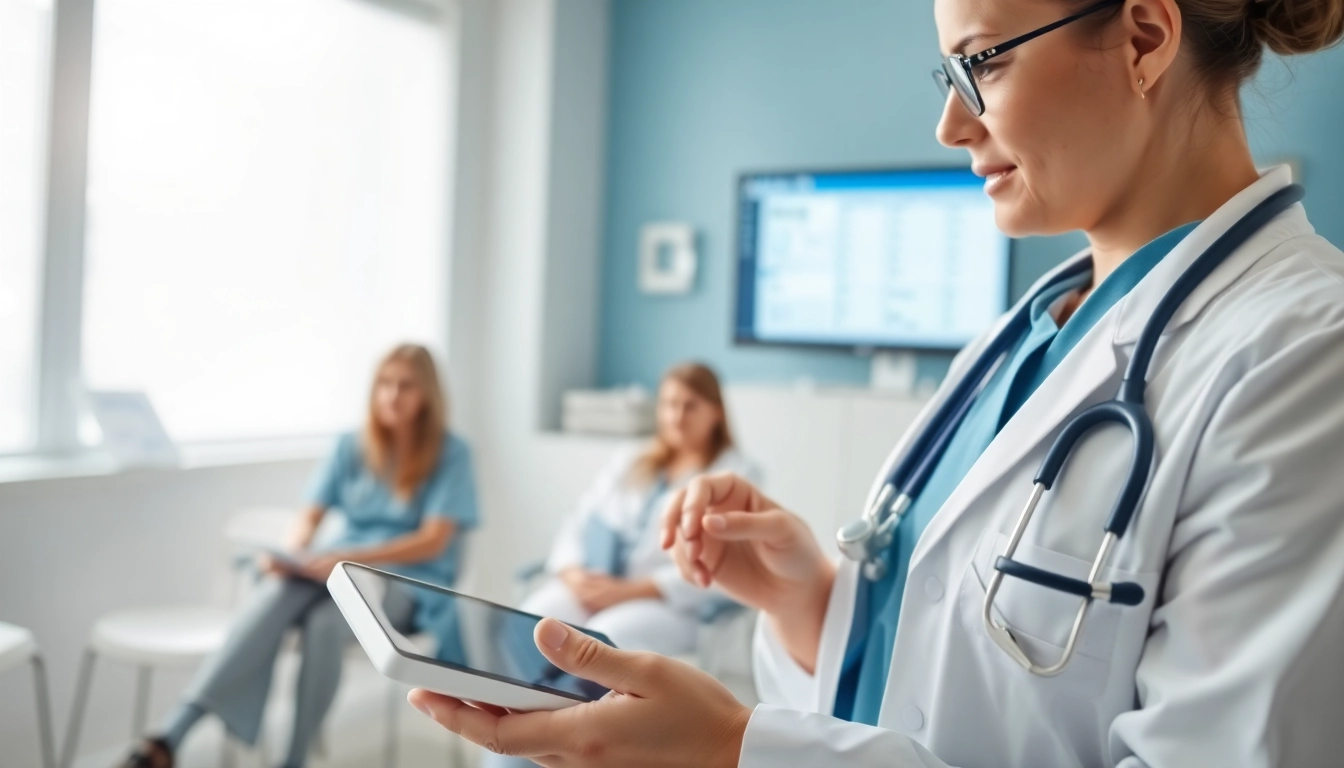 Healthcare provider utilizing eprescription apps for android in a modern clinic setting.