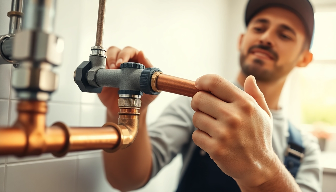 Plumbing expert installing copper pipes in a bright, inviting kitchen setting.